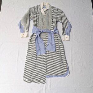 Loewe Blue/Green Striped Belted Tie Midi Shirtdress Size 4